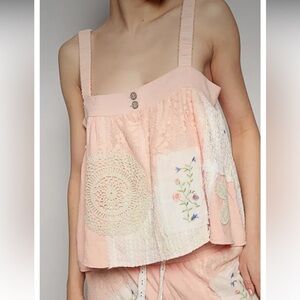New: POL Happy Boho Patchwork Lace Pink Cream Tank Top• Small